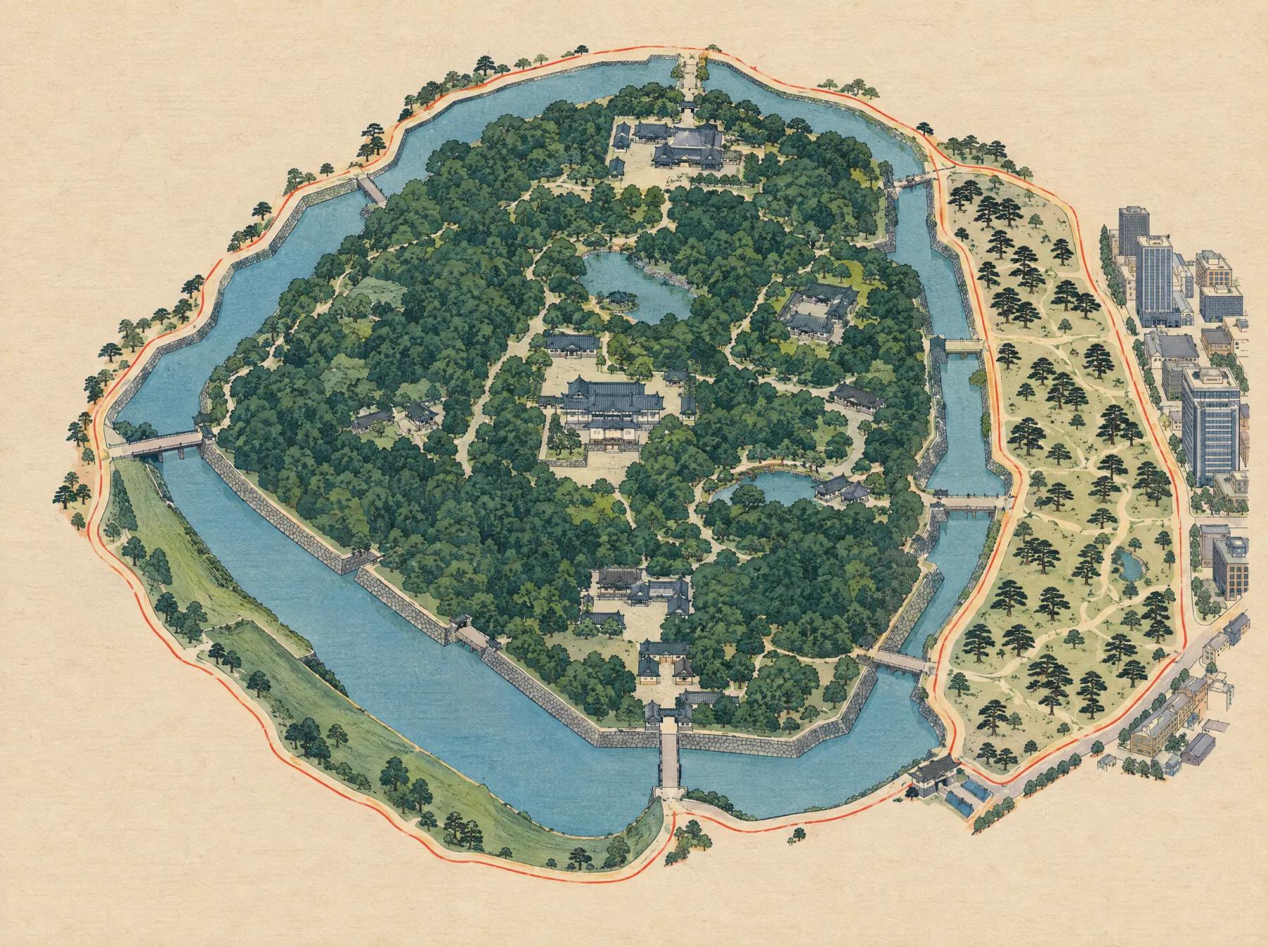 Illustrated map of the Imperial Palace: wooded grounds ringed by moats, with the running path around the outside.